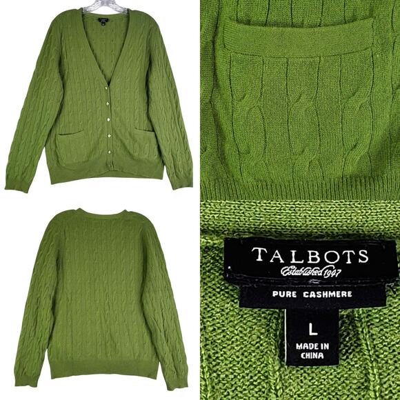 Talbots Cardigan Sweater Size Large L Green Cable Knit Cashmere Pockets - Picture 1 of 9